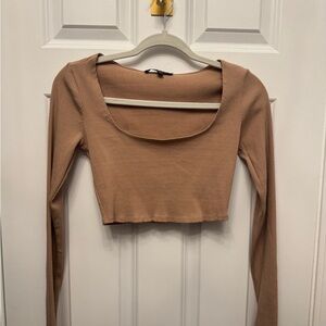 Lulu's Ribbed Scoop-Neck Cropped Long Sleeve Top - Camel Tan